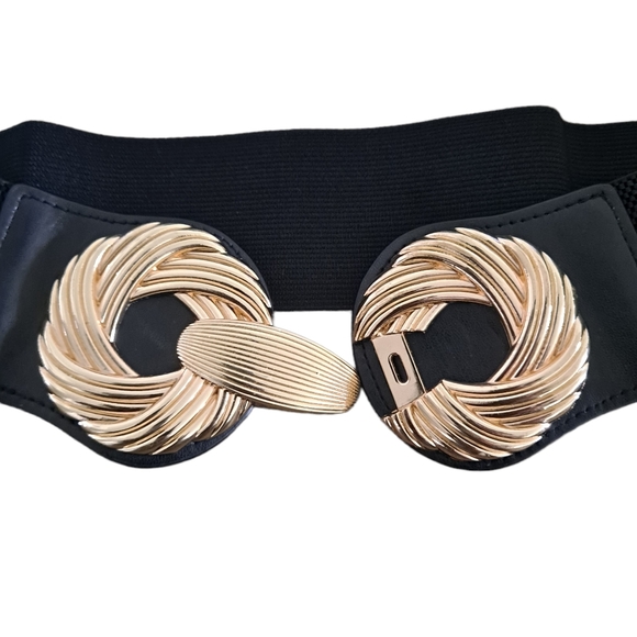 Corset Black wide waist elastic stretch belt metal gold swirls buckle - Picture 10 of 11